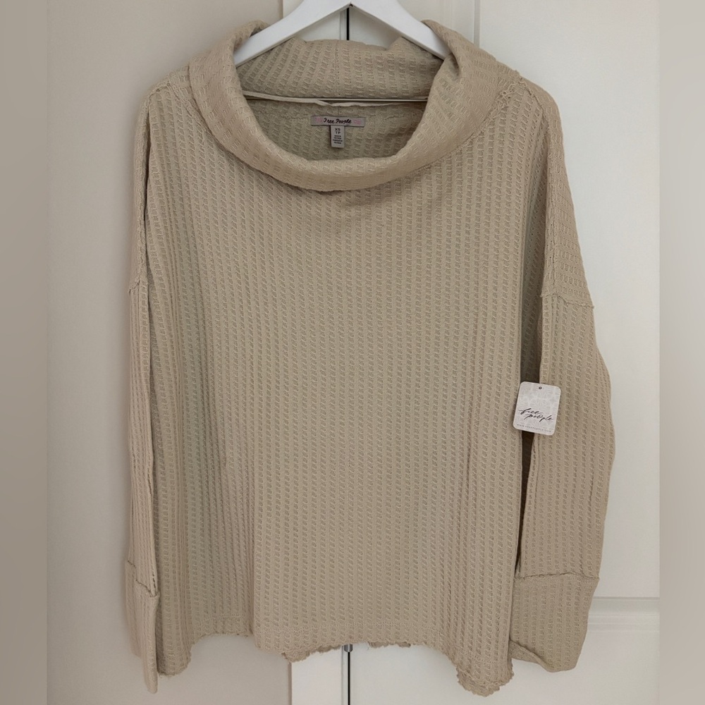 Free People Juicy Long Sleeve Split Back Cowl Neck Waffle Sweater, Stone Cold XS